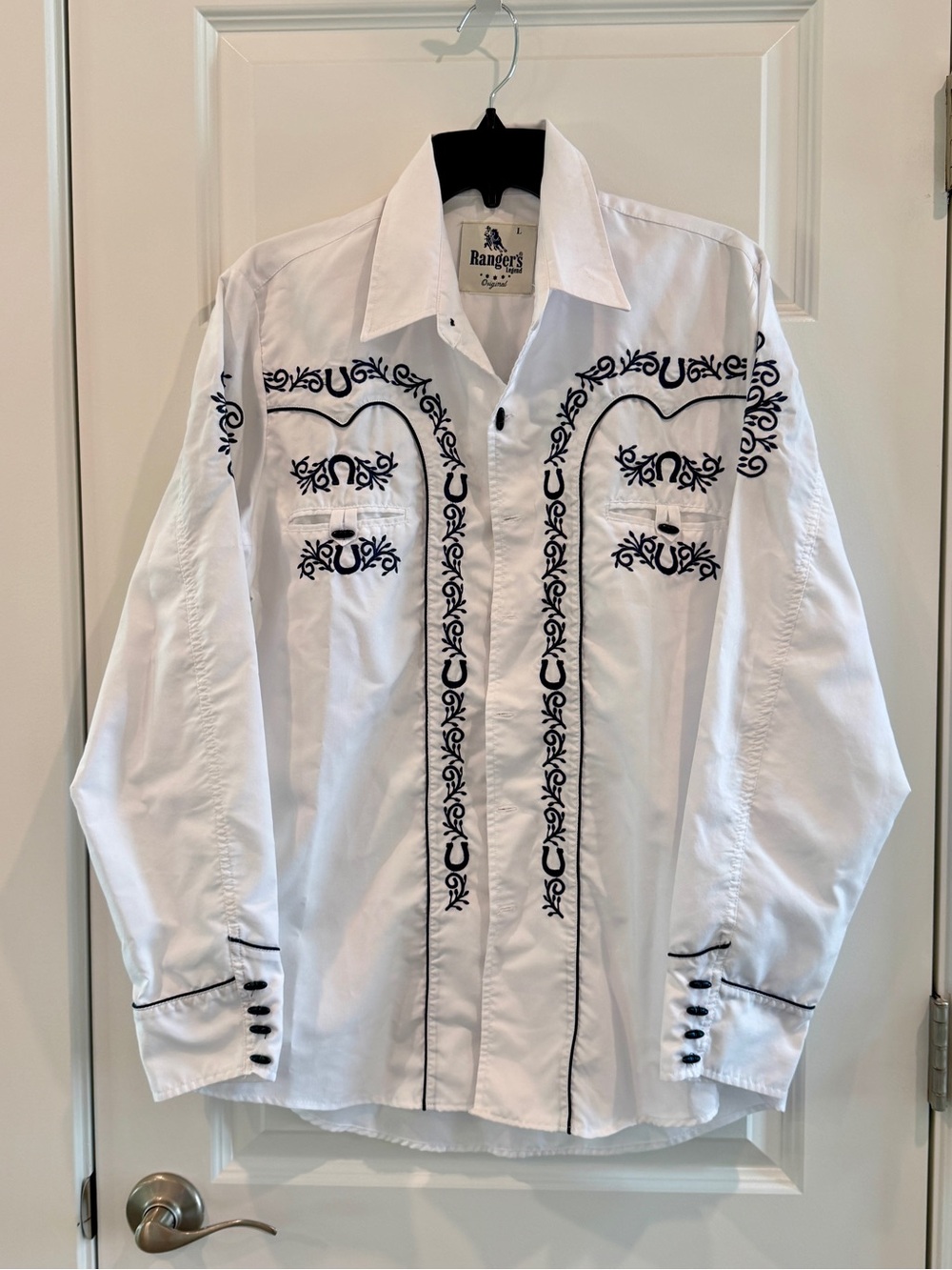 Ranger's Charro White Shirt with Dark Blue Floral Embroidery Button Down sz L - Picture 2 of 12